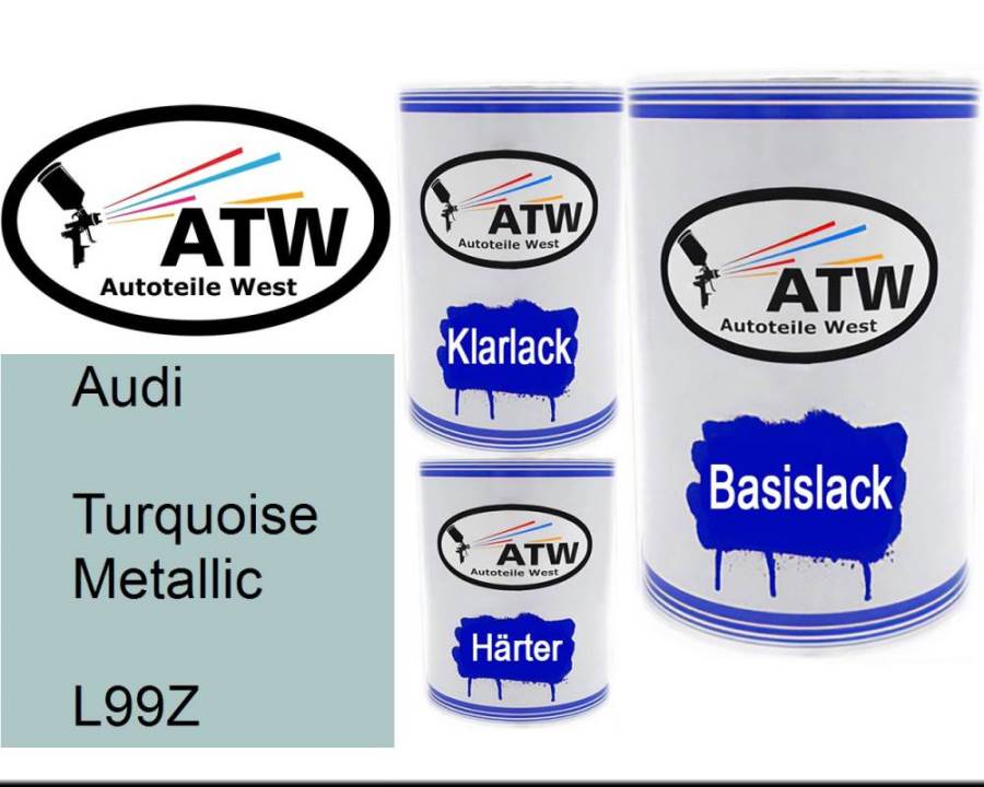 Audi, Turquoise Metallic, L99Z: 500ml Lackdose + 500ml Klarlack + 250ml Härter - Set, von ATW Autoteile West.